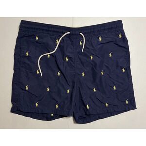 VTG Y2K Polo Ralph Lauren Mens Navy Blue AOP Pony Swim Trunks M FLAW